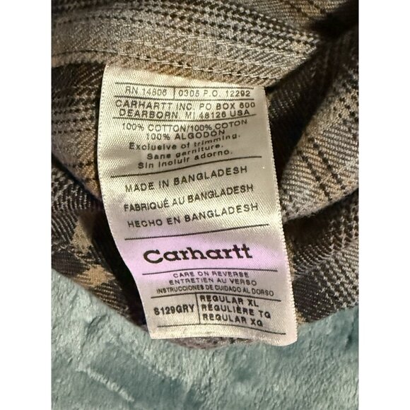 Carhartt Shirt Men XL Plaid Flannel Brown Gray Button Up Midweight Work Cotton - Picture 5 of 7